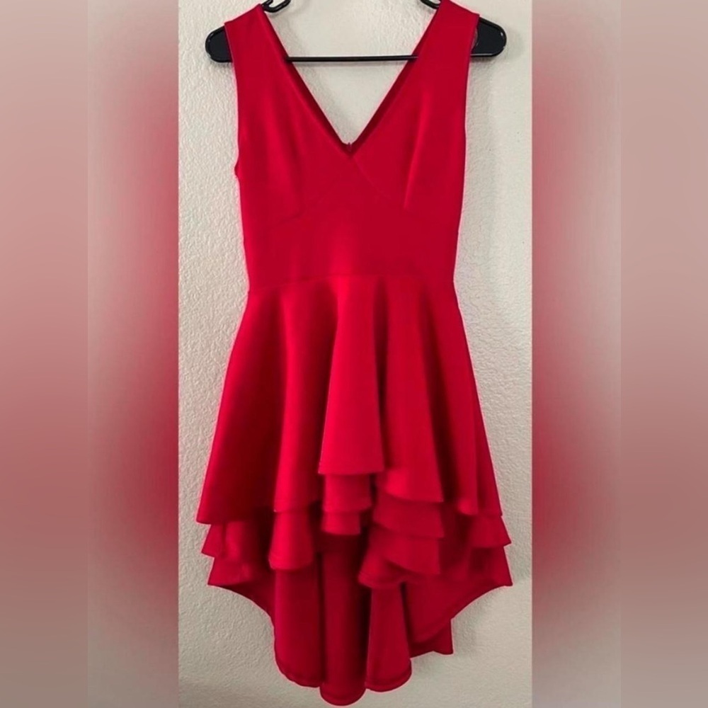 Red High Low Ruffle Dress Sleeveless V Neck Cocktail Party Homecoming- Size XS